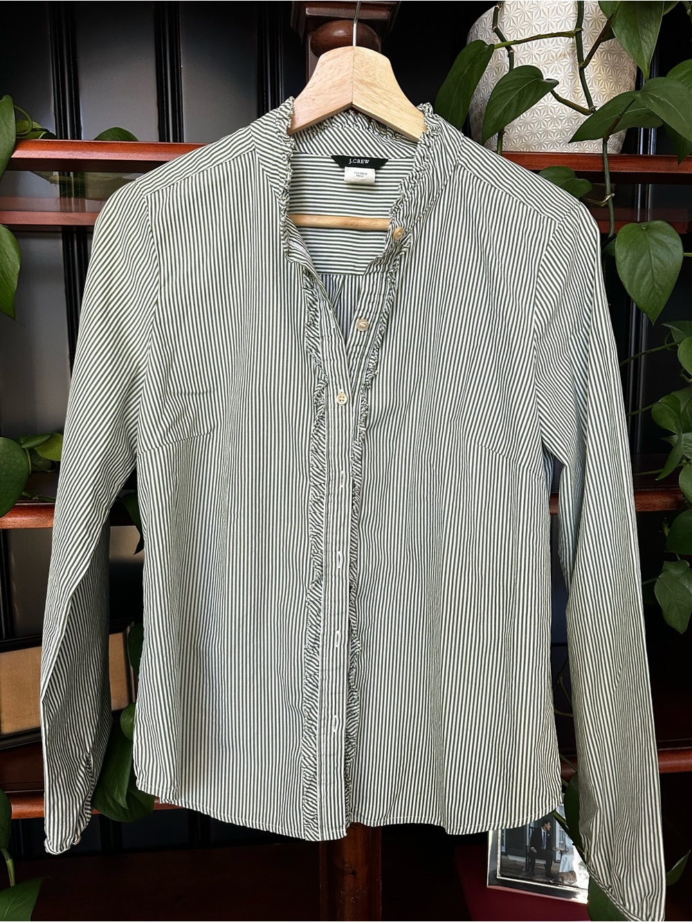 JCrew 100% Cotton Green White Striped Ruffle Blouse